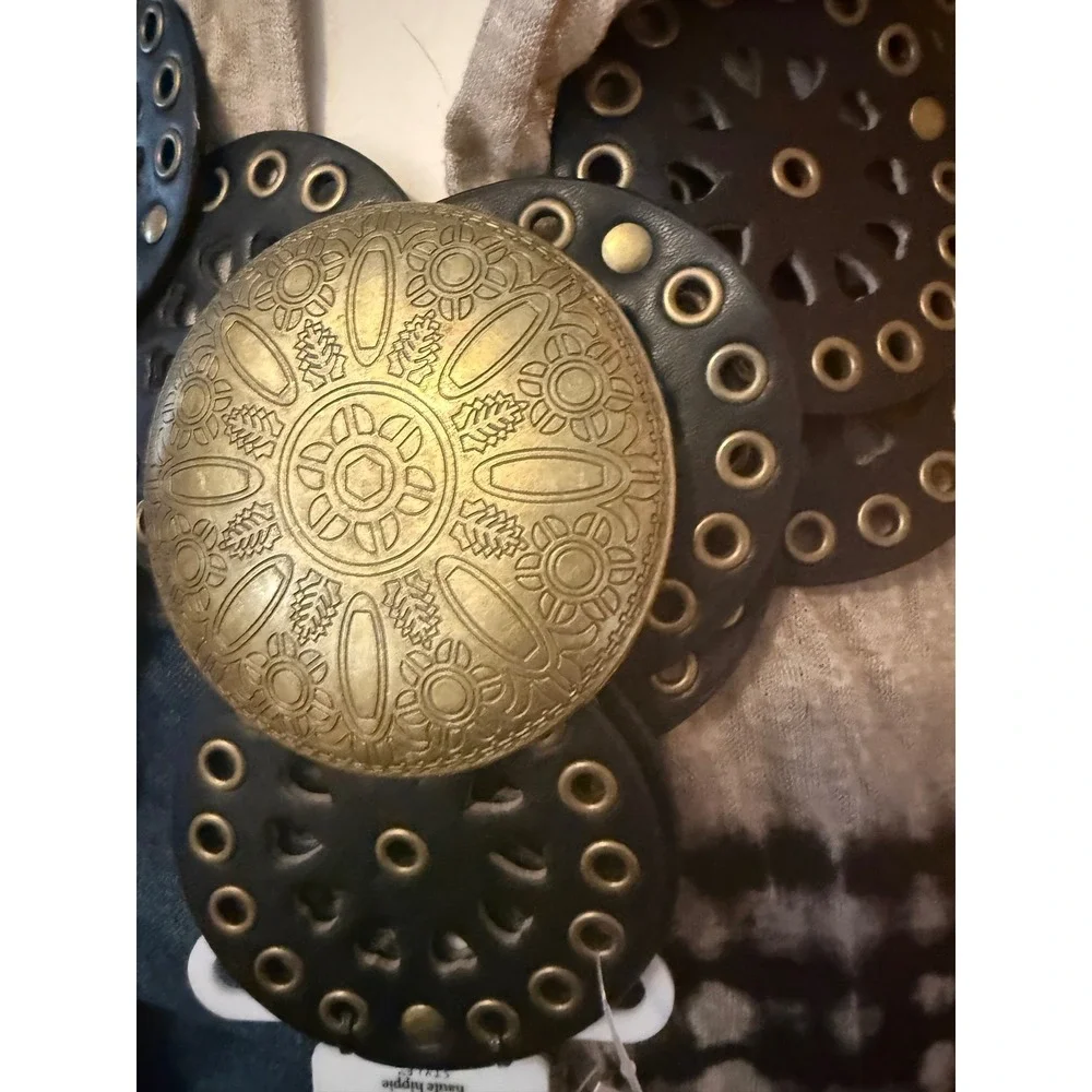 Haute Hippie‎ Style Black Leather Medallion Belt Ornate Gold Buckle Boho New